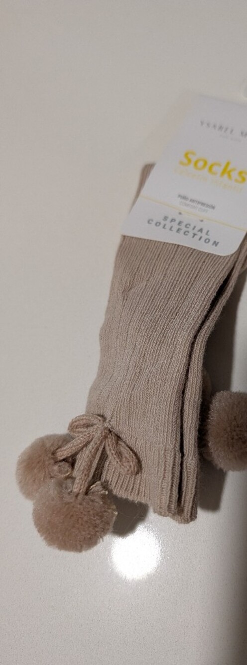 Pom Pom Knit Socks in Tan